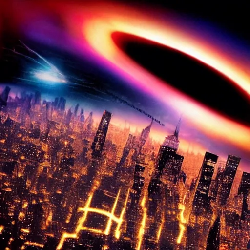 Prompt: black hole sucking new york into it, ridley scott movie 8 k hyper realistic poster