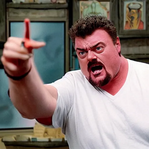 Prompt: robb wells. pointing at the camera, shouting mean words, angry, red faced