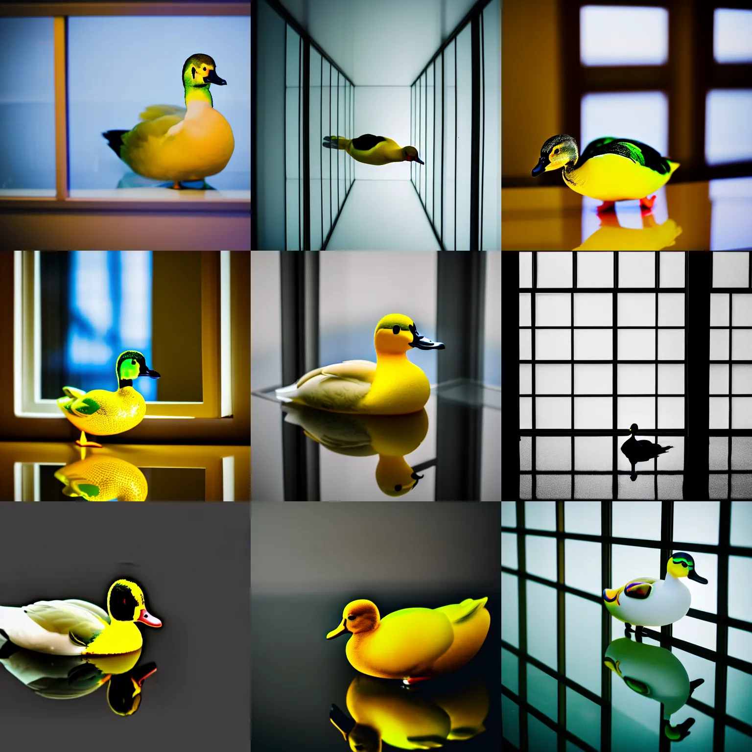 Prompt: a photo of a [ gallery room ] [ transparent glassy duck in the foreground ], professional photography, sony alpha