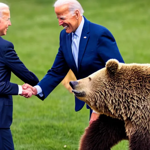Image similar to joe biden shaking hands with a grizzly bear in front of the white house