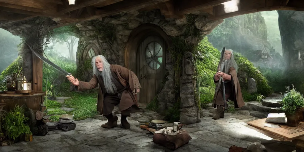 Prompt: a hobbit in his home at the shire with gandalf casting spells fantasy hi quality 4 k render,