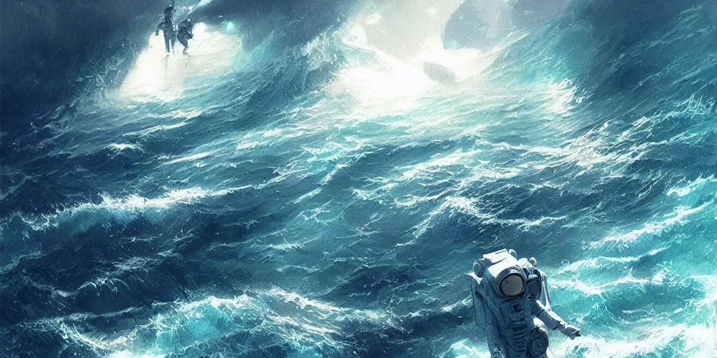 Image similar to an astronaut lost in the ocean,digital art,detailed,ultra realistic,art by greg rutkowski