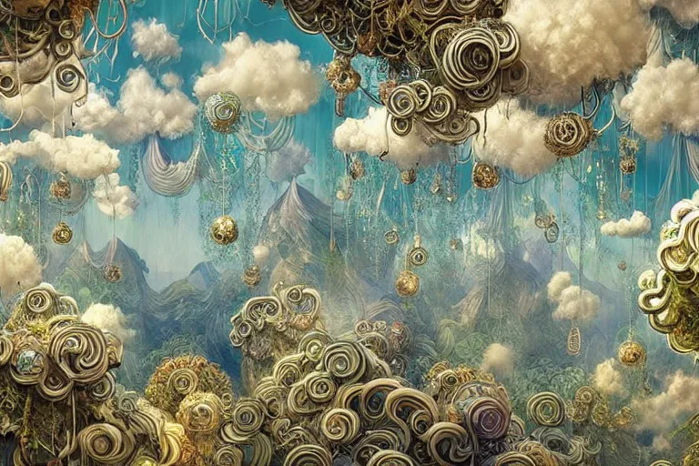 Image similar to a huge flock of many ornate intricate puffy filigreed clouds tangled into large whirling ultra detailed crystal specimens, art nouveau jungle environment, playful, award winning art, epic dreamlike fantasy landscape, ultra realistic,