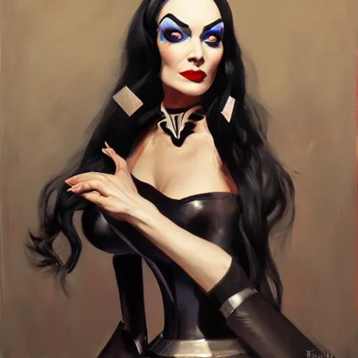 Image similar to greg manchess portrait painting of partially armored morticia from addams family as overwatch character, medium shot, asymmetrical, profile picture, organic painting, sunny day, matte painting, bold shapes, hard edges, street art, trending on artstation, by huang guangjian and gil elvgren and greg rutkowski