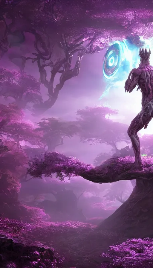 Prompt: a future scifi ancient god on the middle of a purple forest holding a portal that's about to explode, sweat drops, insane, highly detailed, smooth, sharp focus, Unreal Engine 5, 8K, art by Akira Toriyama