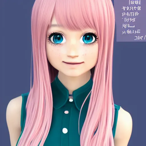 Image similar to Render of Nikki from Shining Nikki Dress-Up Game, a cute 3D young woman, long light pink hair, full bangs, full round face, hazel amber eyes, pale skin, cute freckles, light blush, Chinese heritage, smiling softly, wearing casual clothing, interior lighting, cozy living room background, medium shot, mid-shot, hyperdetailed, trending on Artstation, Unreal Engine 4k