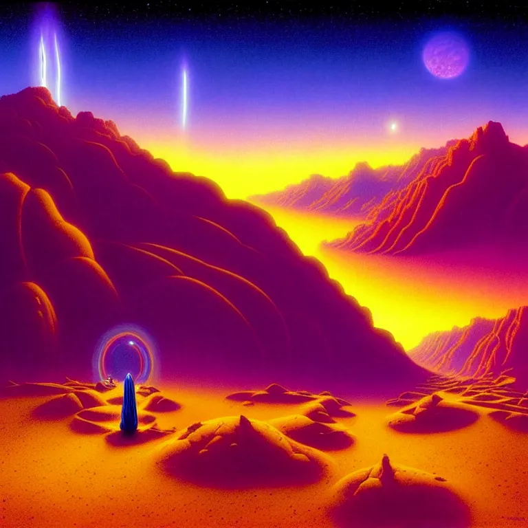 Prompt: astral travel mysterious desert canyon at night, infinite sky, synthwave, bright neon colors, highly detailed, cinematic, tim white, michael whelan, roger dean, bob eggleton, lisa frank, vladimir kush, kubrick, kimura, isono