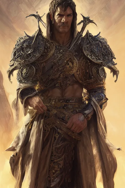 Image similar to portrait of antonio banderas as holy paladin, fantasy, dnd, intricate, highly detailed, smooth, artstation, digital illustration by Ruan Jia and Mandy Jurgens and Artgerm and Wayne Barlowe and Greg Rutkowski and Zdislav Beksinski