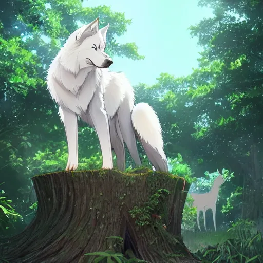 Image similar to highly detailed digital art of a magestic white wolf standing on an overgrown fallen tree trunk, lush surroundings, warm sunshine, kimi no na wa, trending on artstation, by makoto shinkai