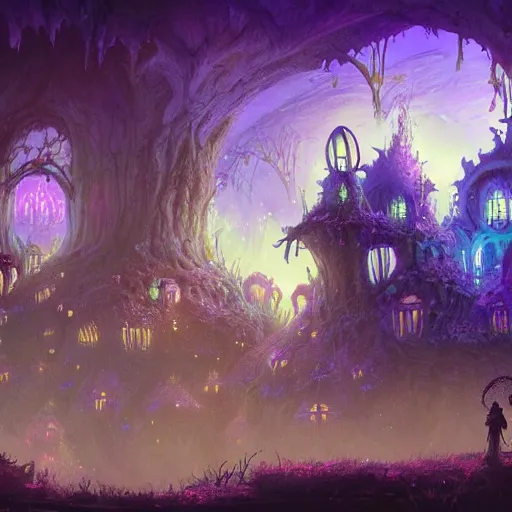 Image similar to concept art detailed painting of a dark purple fantasy fairytale fungal town made of mushrooms, with glowing blue lights, in the style of jordan grimmer and neil blevins and wayne barlowe