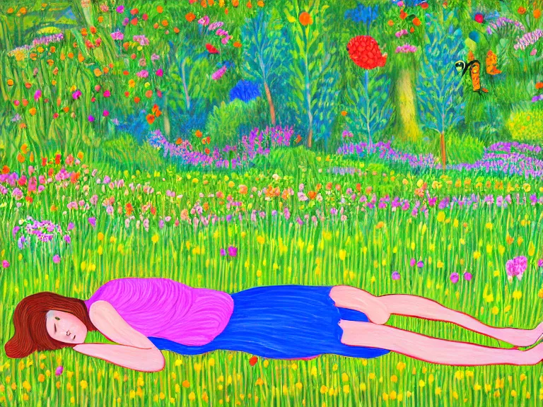 Prompt: painting of view from the distance on girl laying down in the lawn full of flowers that smells like honey amongst forest with her soul connected to the nature around her. in naive art style