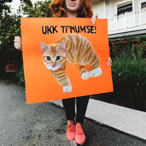 Image similar to a cute fluffly orange tabby cat holding a sign that says