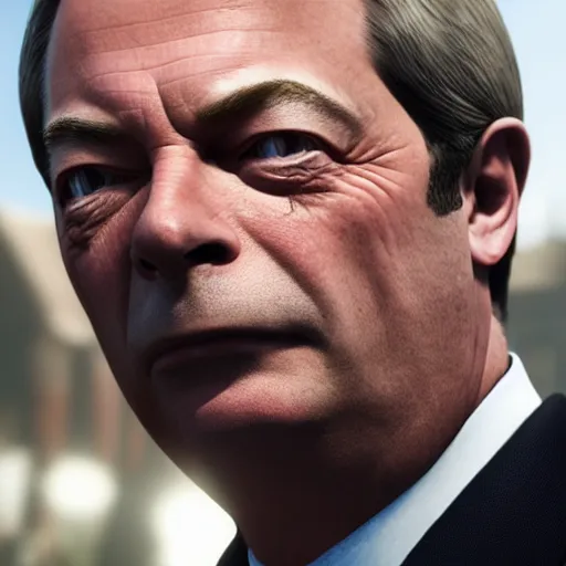 Image similar to nigel farage in skyrim splash art, movie still, cinematic lighting, dramatic, octane render, long lens, shallow depth of field, bokeh, anamorphic lens flare, 8 k, hyper detailed, 3 5 mm film grain