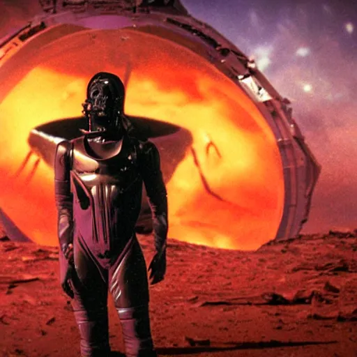 Prompt: portrait of mysterious humanoid, with hair like wisps of smoke, wearing gothy purple and black spandex suit, standing next to smashed spacecraft wreckage, on the orange surface of mars, highly detailed, dramatic lighting, photorealistic, movie still from Dune