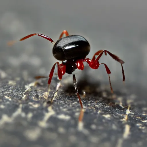 Image similar to a tiny robot ant drone on someone's head. macro photograph from 8 feet in distance.