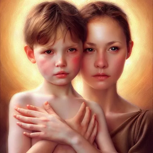 Image similar to pure love is patient love is kind, mother and child ; photorealistic oil painting by tom chambers and artgerm ; highly detailed cute faces by wlop ; trending on artstation ; 8 k high resolution, symmetrical, cinematic, high coherence, golden ratio, rule of thirds, perfectly centered ; anatomically correct faces