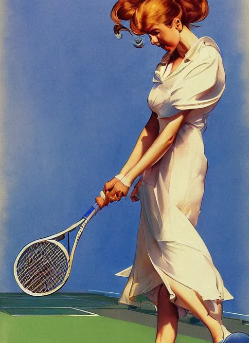 Image similar to a copic maker art nouveau portrait of a russian beautiful girl playing tennis at high speed wearing a futuristic anorak designed by balenciaga by john berkey norman rockwell