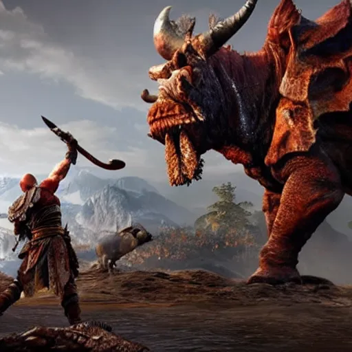 Image similar to screenshot of the game God of War with Kratos fighing a Rhinoceros beetle kaiju | Sony Pictures official media