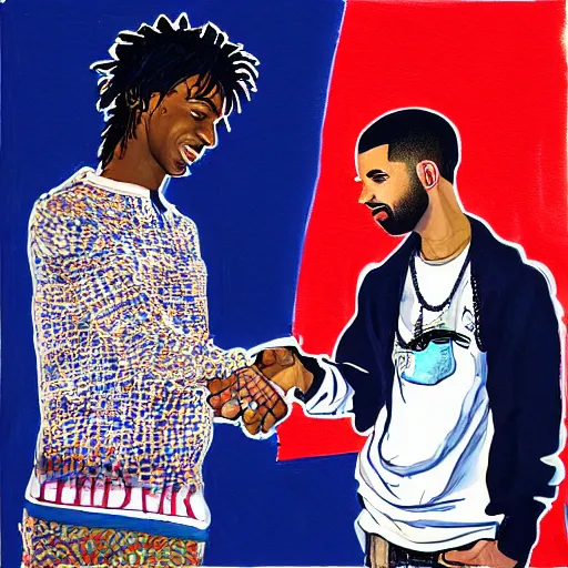 Prompt: painting of Playboi Carti shaking hands with Drake