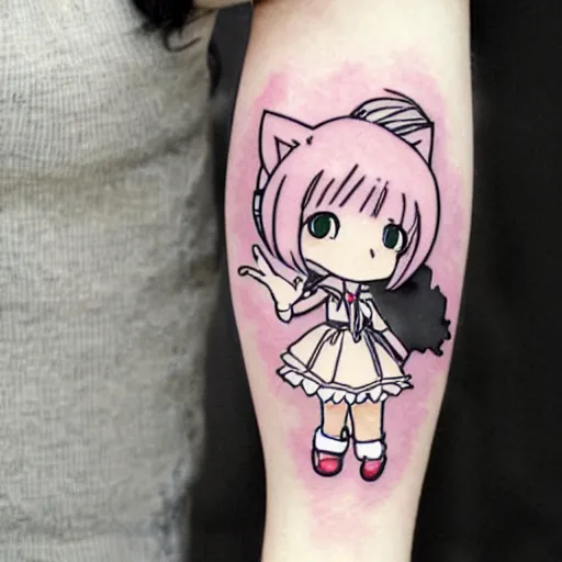 Image similar to anime manga catgirl robotic manga catgirl chibi kawaii by Hayao Miyazaki and Naoko Takeuchi, upper arm tattoo