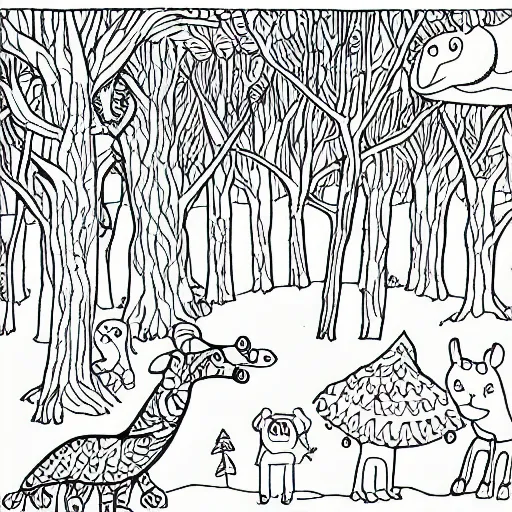 Prompt: simplified line drawings of a forest with animals. Scan of a colouring children book.