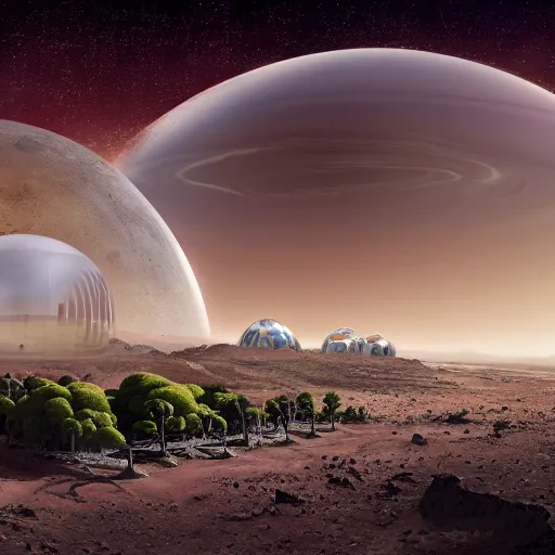 Prompt: A photorealistic image of the colonization of Mars, circa 2050, featuring large bio-domes filled with vegetation while the surface of Mars has many futuristic-looking buildings dotting the landscape, several people in space suits are outside