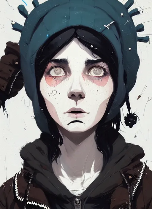 Image similar to highly detailed closeup portrait of a sewer punk lady student, beanie, tartan hoodie, white hair by atey ghailan, by greg rutkowski, by greg tocchini, by james gilleard, by joe fenton, by kaethe butcher, gradient, blue, black, brown and cream color scheme, grunge aesthetic!!! white graffiti tag wall background