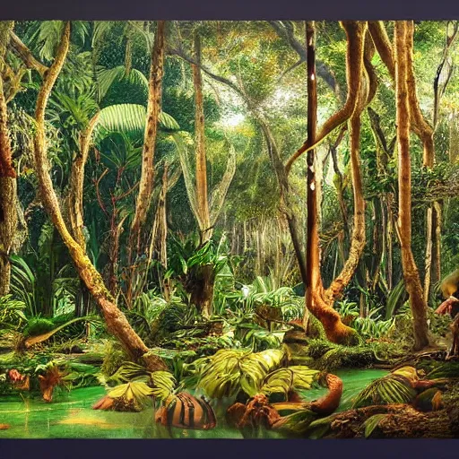 Prompt: intricate five star magical jungle forest by diego velazquez, oil on canvas, hdr, high detail, photo realistic, hyperrealism, matte finish, high contrast, 3 d depth, centered, masterpiece, vivid and vibrant colors, enhanced light effect, enhanced eye detail, artstationhd