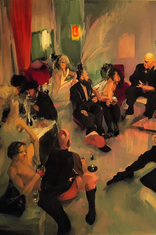 Image similar to glam rockers drinking brutal and raw wine, inside a tiny green room with red lights by joaquin sorolla, greg rutkowski, bill sienckiwicz, extremely detailed