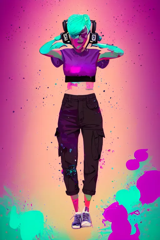 Image similar to a award winning half body portrait of a beautiful woman in a croptop and cargo pants with ombre purple pink teal hairstyle with head in motion and hair flying listenin to music on headphones by wlop, paint splashes and splatter, outrun, vaporware, shaded flat illustration, digital art, trending on artstation, highly detailed, fine detail, intricate