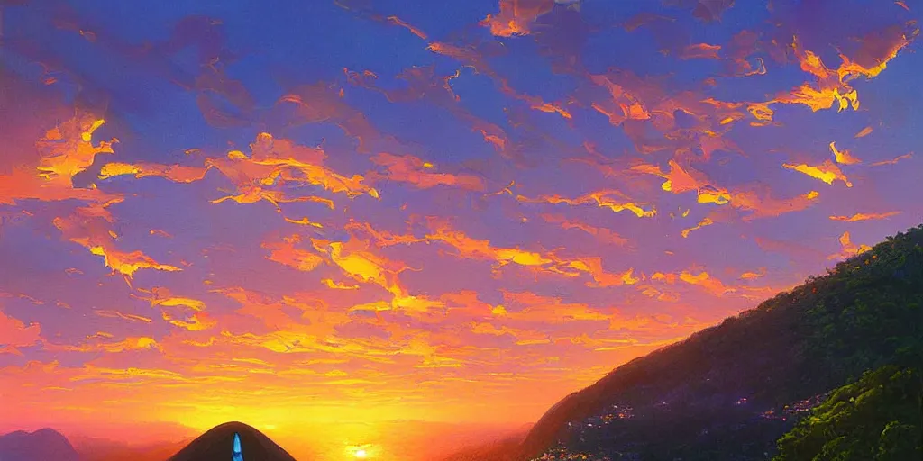 Prompt: iridescent painting of sunset over RIo de Janiero, Christ the Redeemer, panoramic, digital painting, by RHADS and Moebius