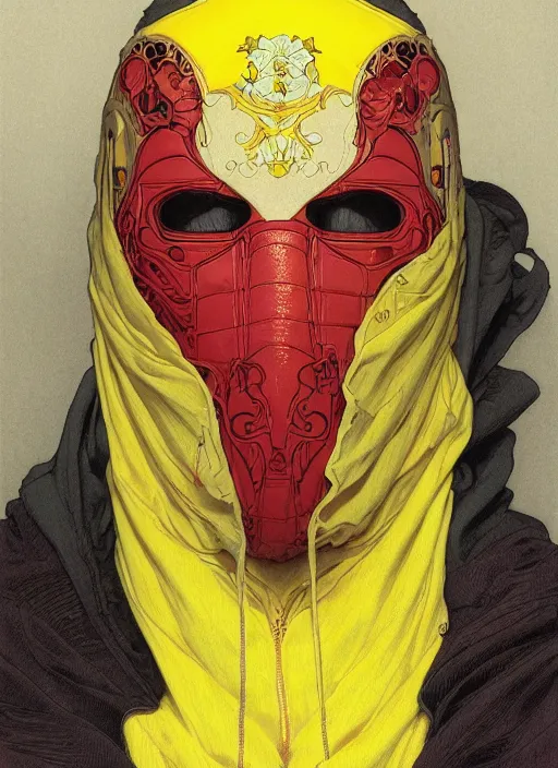 Prompt: detailed portrait of mask guy wearing yellow and red hoodie card, dark and white, behance hd artstation, by moebius, alphonse mucha, ayami kojima, amano, greg hildebrandt, and mark brooks, masculine, male, art nouveau, neo - gothic, gothic, character concept design, dynamic light, stylised illustration, disco elysium, highly details