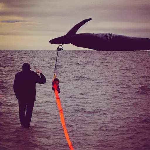 Image similar to “A photo of a man walking a whale on a leash like a dog”