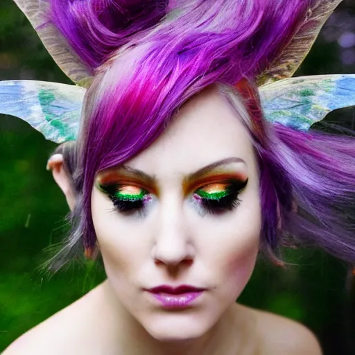 Prompt: A professionaly painted portrait of an archfey with a monarch butterfly theme, green hair that looks like heather, 4k, trending on pivix, tasteful, bokeh, hyperrealistic, highly detailed, good proportions