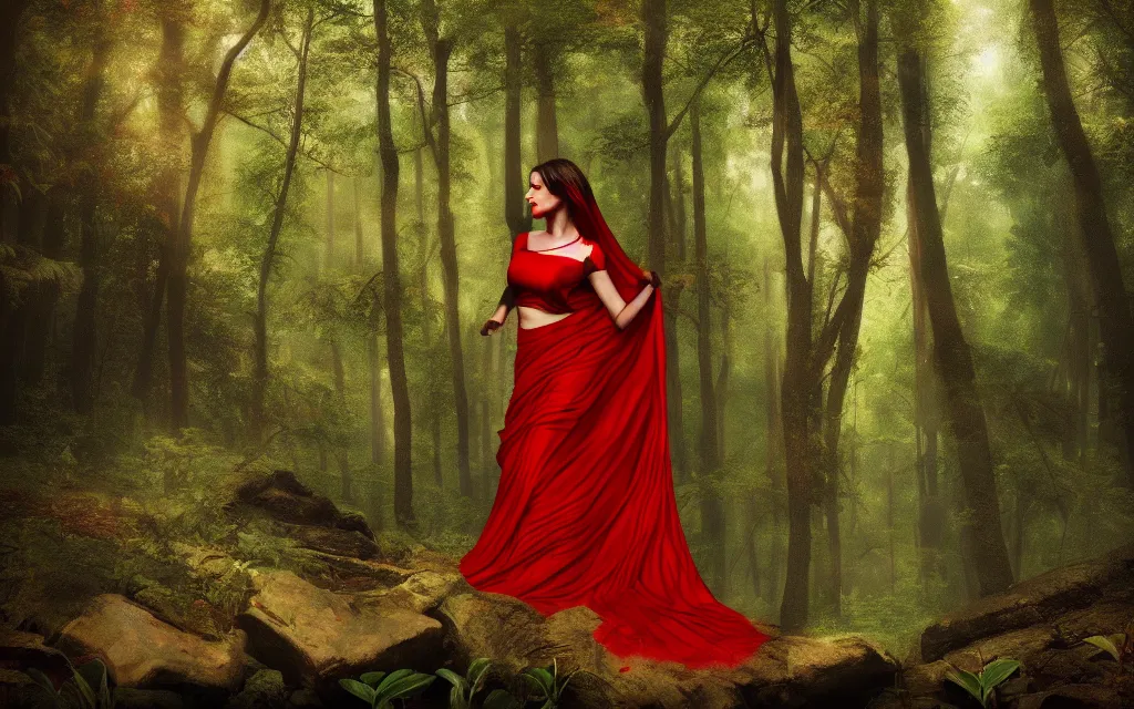 Prompt: a women in red saree floating in forest. trending in artstation, matte painting, illusionism