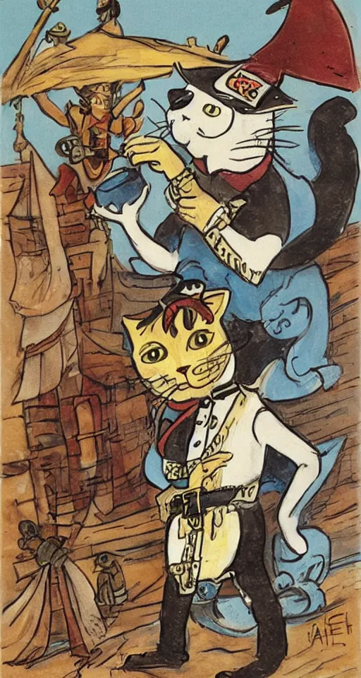 Prompt: a cat dressed as a pirate art by Albert Uderzo