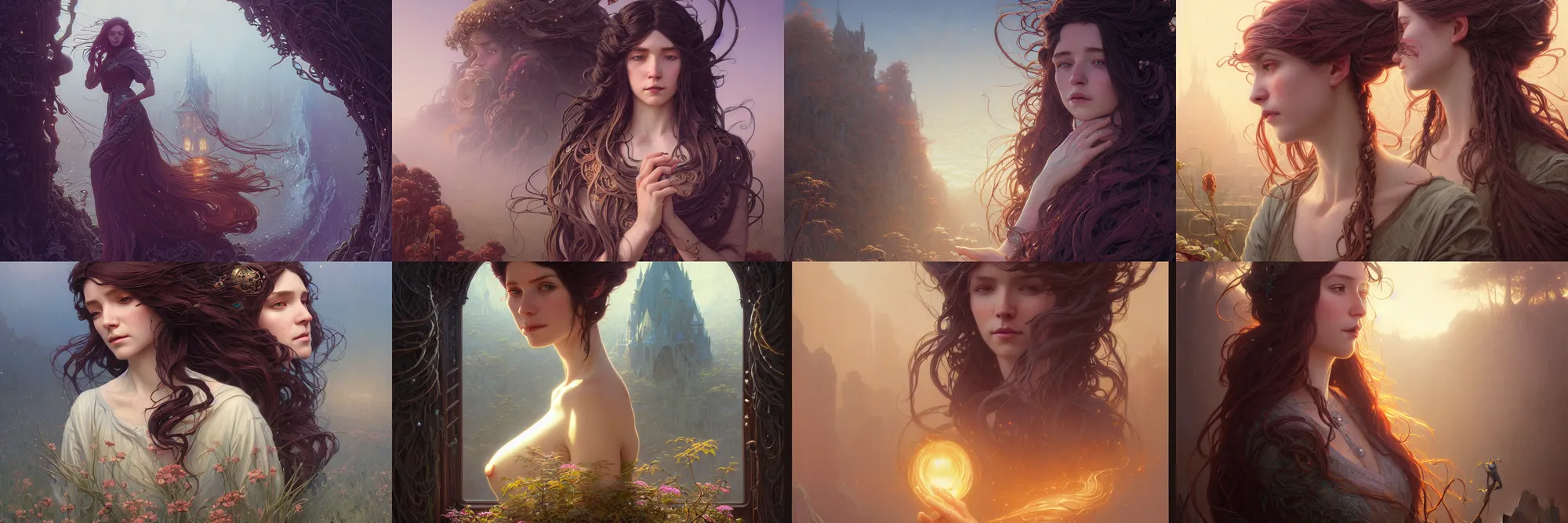 Image similar to highly detailed portrait of a woman with long hairs, stephen bliss, unreal engine, fantasy art by greg rutkowski, art nouveau, loish, rhads, ferdinand knab, makoto shinkai and lois van baarle, ilya kuvshinov, rossdraws, tom bagshaw, alphonse mucha, global illumination, radiant light, detailed and intricate environment