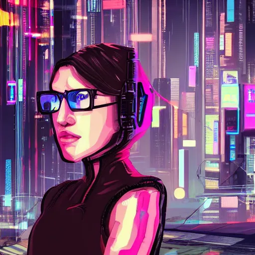 Image similar to a girl with a TV for a head in a cyberpunk city