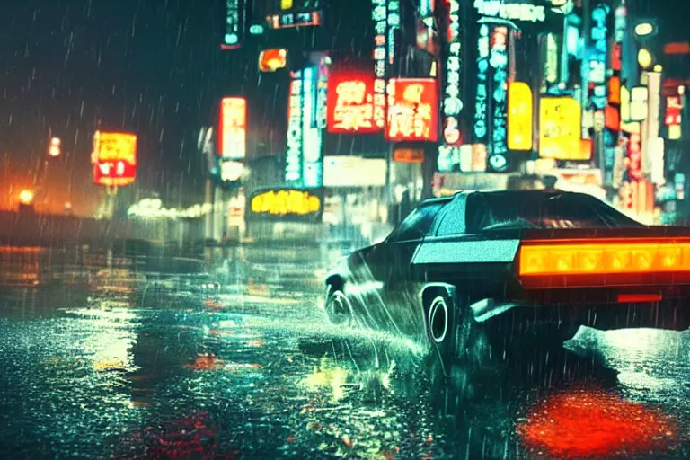 Prompt: a single knight rider, speeding down tokyo highway in the rain, night time, neon lights, thunderstorm, movie still from the film bladerunner
