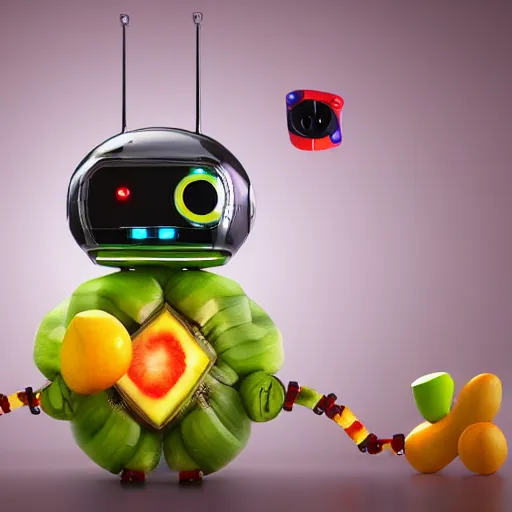 Prompt: a robot made entirely out of fruits, being chased by a vicious fruit - bat detailed, 8 k, trending on artstation, award - winning art,