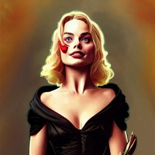 Image similar to very cute Margot Robbie holding a fan and wearing black-crimson silk dress, D&D, fantasy, intricate, elegant, highly detailed, digital painting, artstation, concept art, matte, sharp focus, illustration, art by Artgerm and Greg Rutkowski and Alphonse Mucha