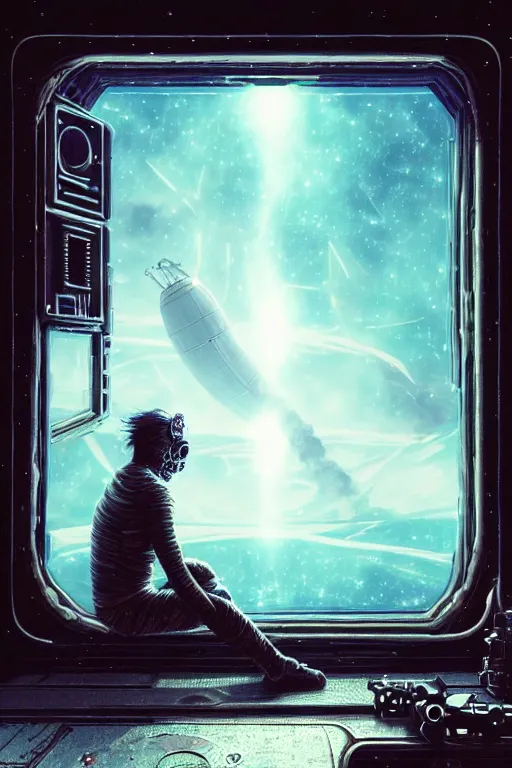 Image similar to sad human nomad, sitting sad in spaceship, gazing at view of galaxy in space through a window, intricate detailed environment, photorealistic!, octane render, mechanical, concept art, cinematic lighting, digital art, interstellar, hyper realism, sharp, cyberpunk, 8 k, de dia los muertos. by angus mckie, moebius, maciej kuciara