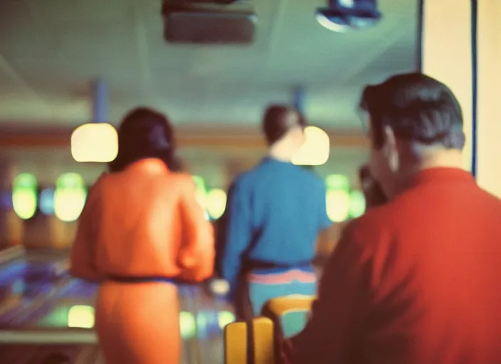 Prompt: a 35mm photograph of a man and a woman at a bowling alley in the 1950's at sunset, bokeh, Canon 50mm, cinematic lighting, photography, retro, film, Kodachrome