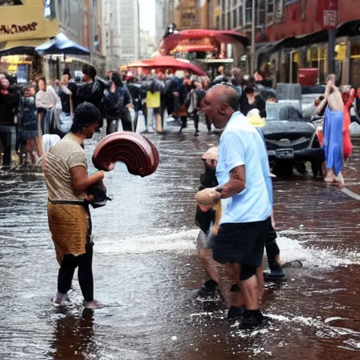 Image similar to people on street get sink on chocolate liquid rain, flooded with chocolate