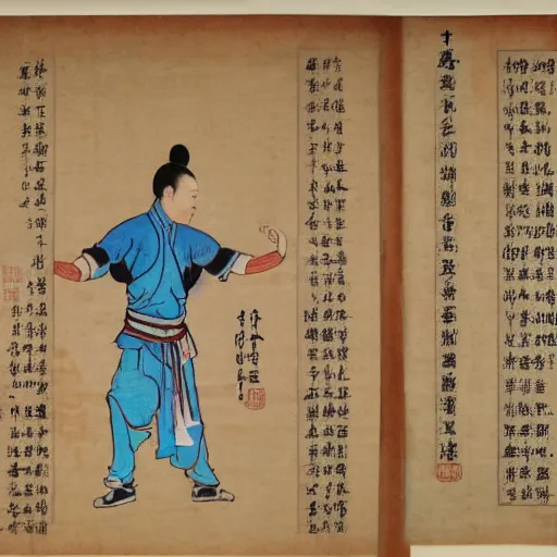 Image similar to yi jin jing posture in huang di nei jing chinese medical kung fu diagram, old manuscript, ancient information, many kung fu illustrations
