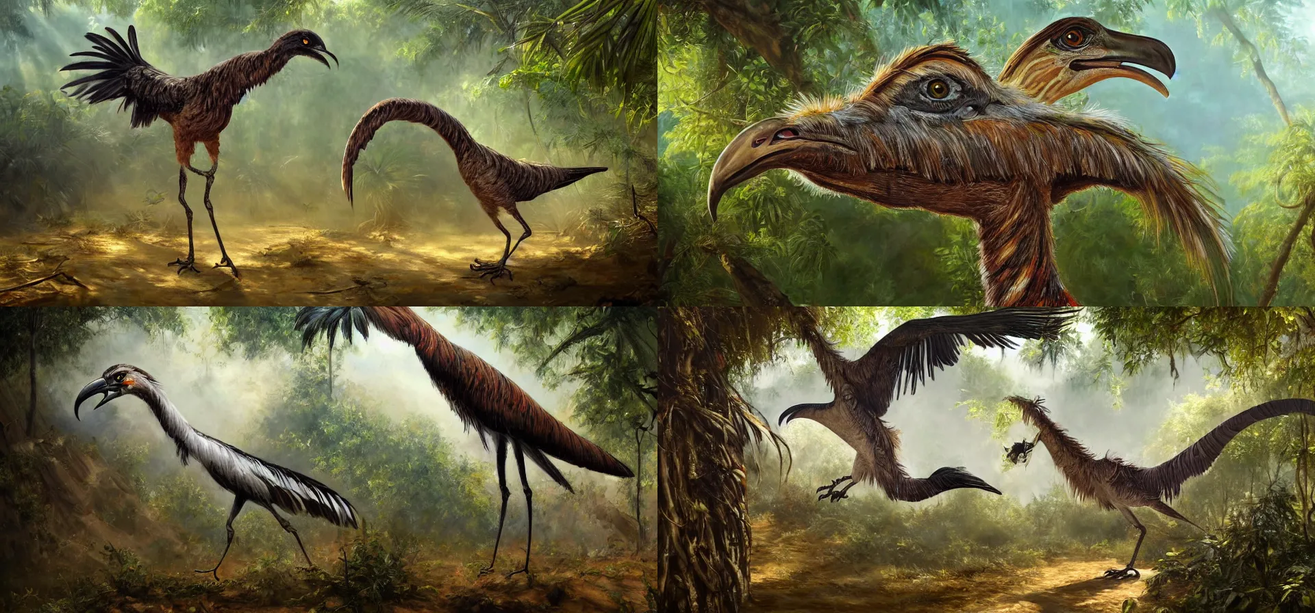 Prompt: a highly expressive oil painting of a feathered dakotaraptor with intricately decorated barding, lightrays through jungle canopy, dusty atmosphere, realistic, artstation