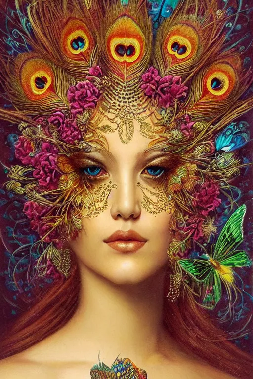 Prompt: ultradetailed portrait of the empress of beauty!, sittting on a grand throne made of beautiful flowers and butterflies, crown made of peacock feathers by karol bak