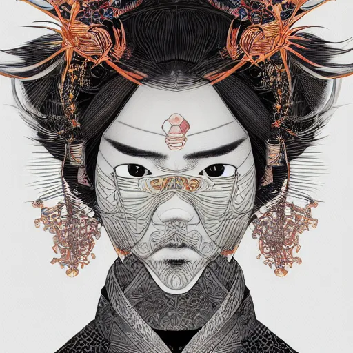 Prompt: the portrait of an unbelievably beautiful, elegant, sensual, and sophisticated young japanese samurai, an ultrafine detailed illustration by james jean, intricate linework, bright colors, final fantasy, behance contest winner, vanitas, angular, altermodern, unreal engine 5 highly rendered, global illumination, radiant light, detailed and intricate environment