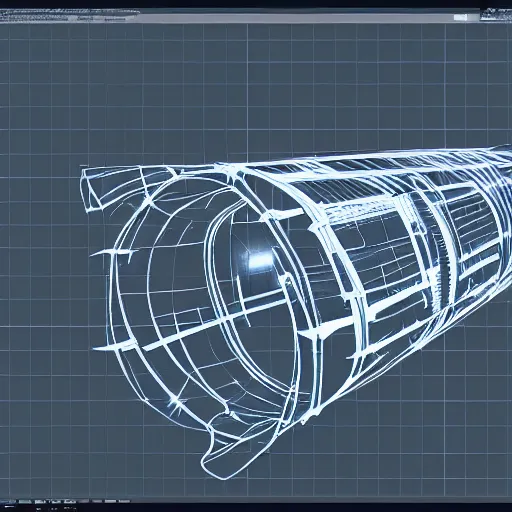 Image similar to xray wireframe of blueprint sketch of barrel fed rocket launcher, 8k resolution, high detail, ULTRA REALISTIC VFX, reflections, post processing