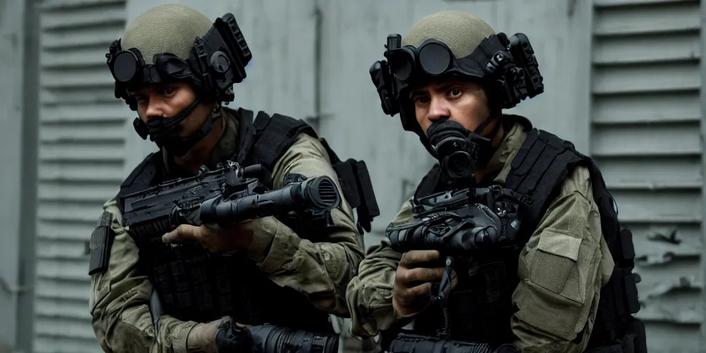 Image similar to vfx film, swat team squad crew, m 4 a 1, breach and clear, gang house, flat color profile low - key lighting award winning photography arri alexa cinematography, cinematic beautiful natural skin, famous face, atmospheric cool color - grade